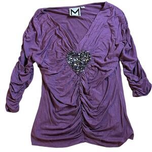 Y2K Womens Ruched Sequin Heart Embellished Top Small Purple Whimsigoth Twilight